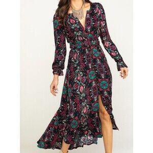 Shyanne Women's Black Floral Maxi Dress Boho Western Coastal Cowgirl Size Large